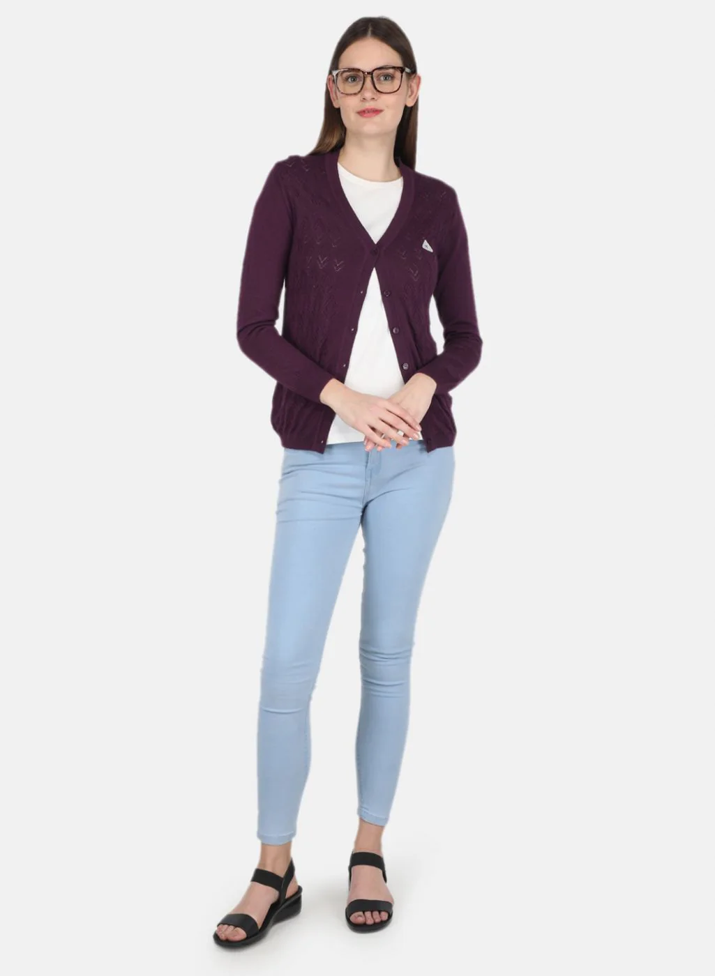 Women Purple Self design Cardigan - Image 4