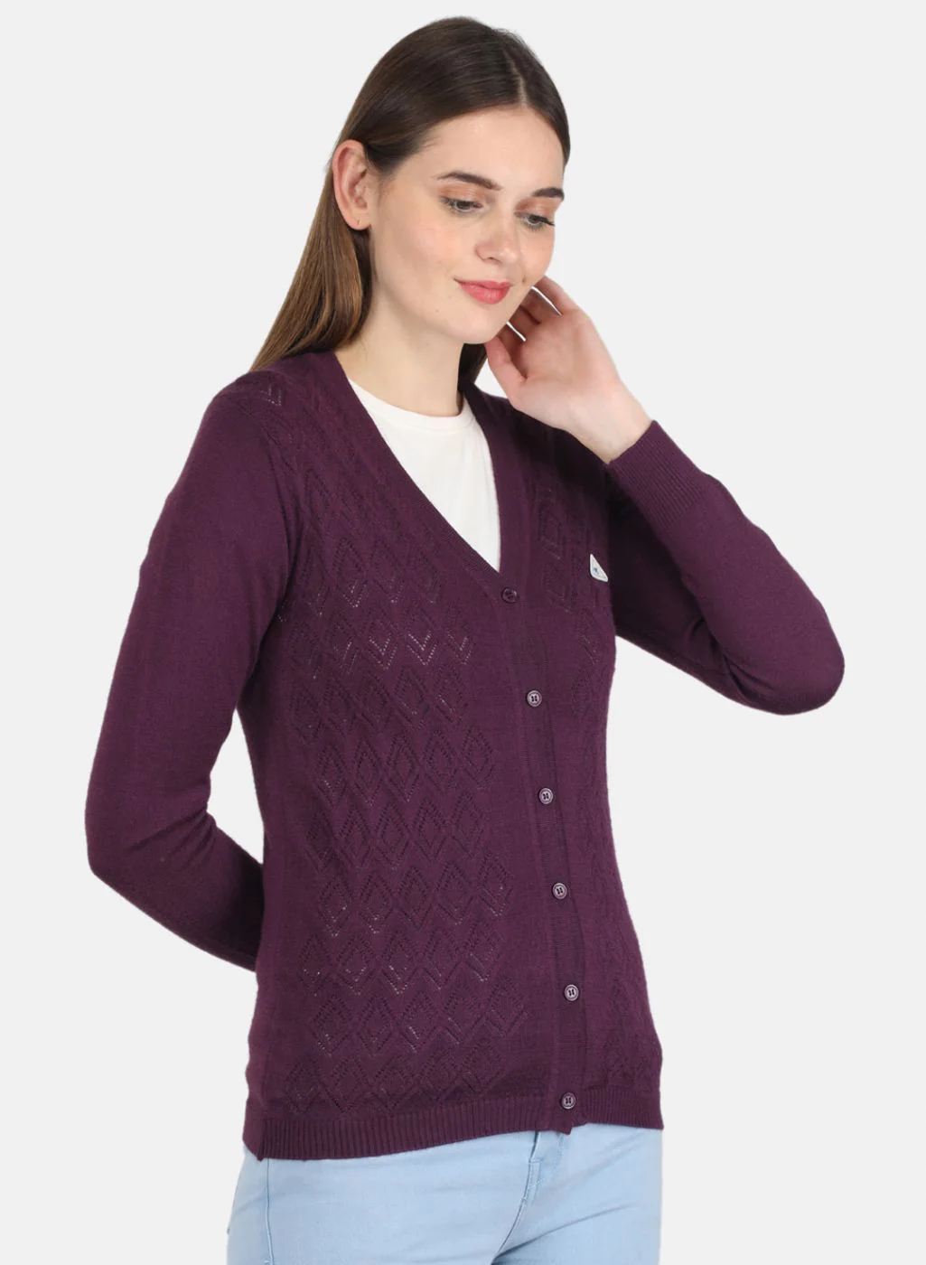 Women Purple Self design Cardigan - Image 6