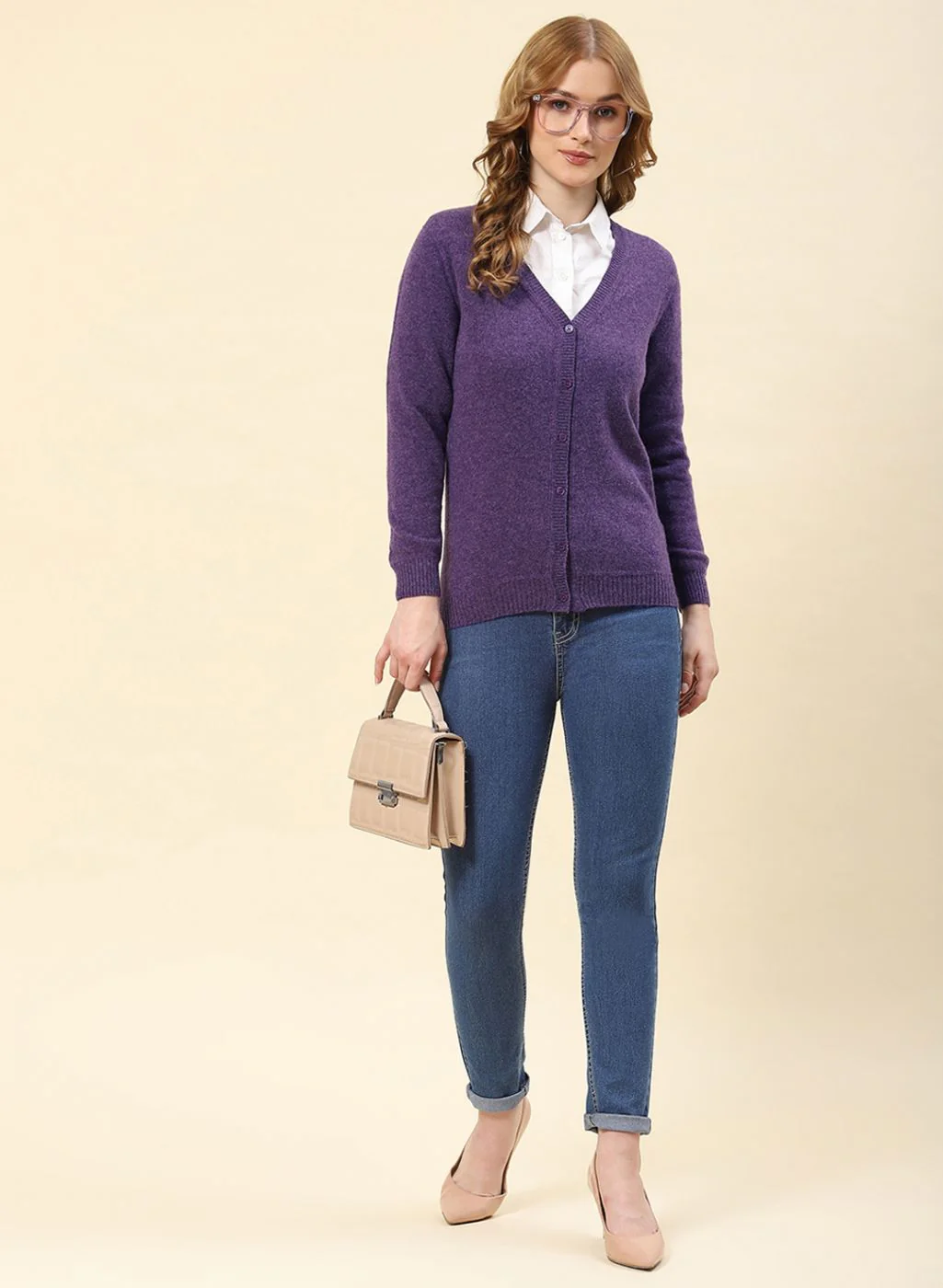 Women Purple Solid Lamb wool Cardigan