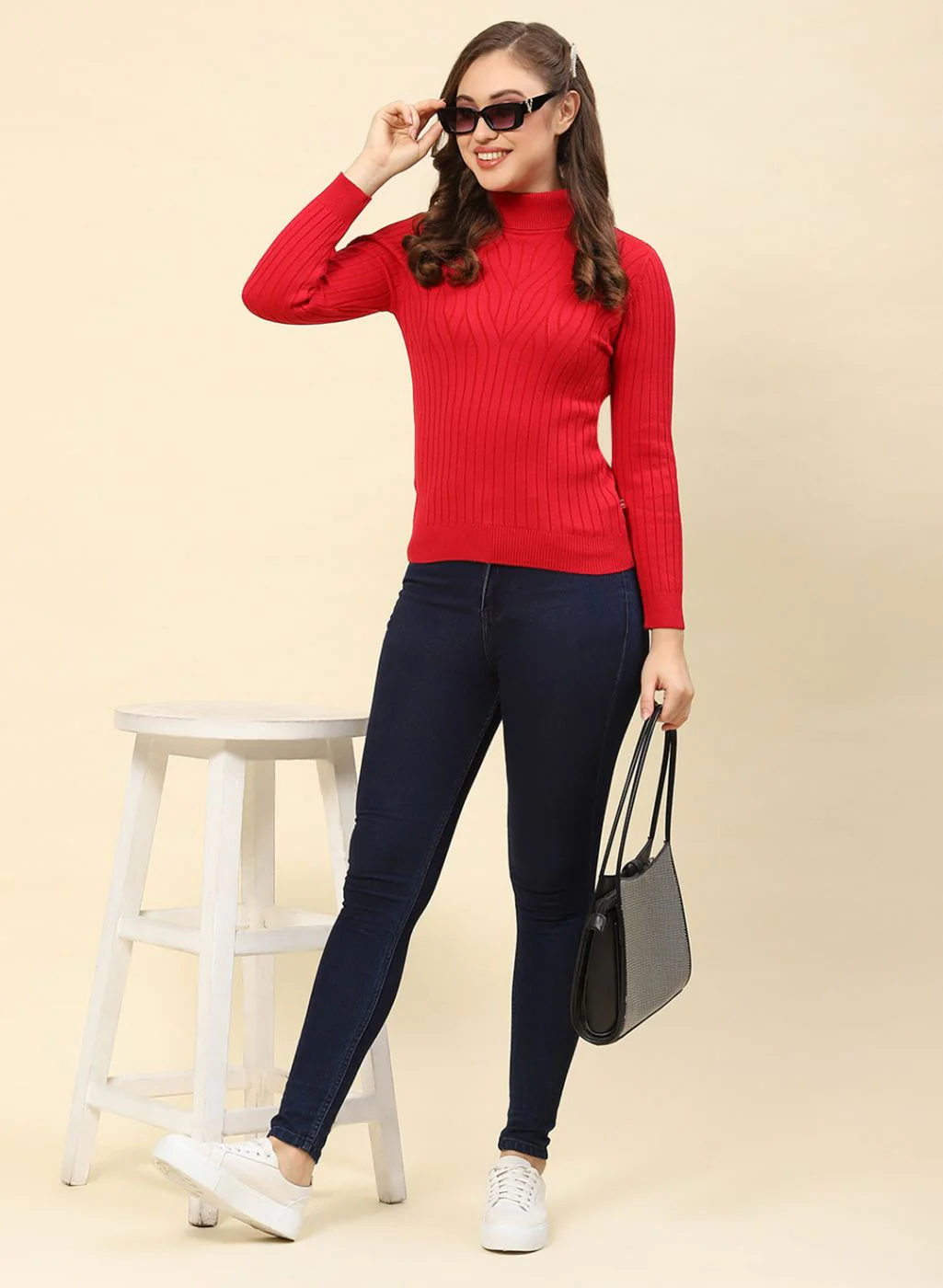 Women Red Self Design Blend wool Winter Top - Image 2