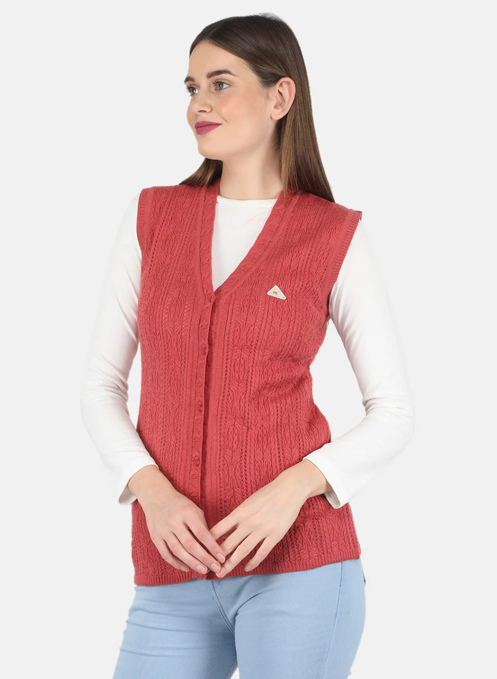 Women Red Self design Cardigan - Image 2