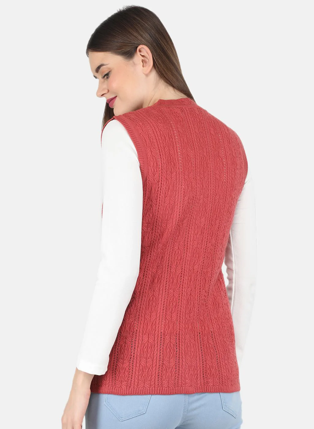 Women Red Self design Cardigan - Image 3