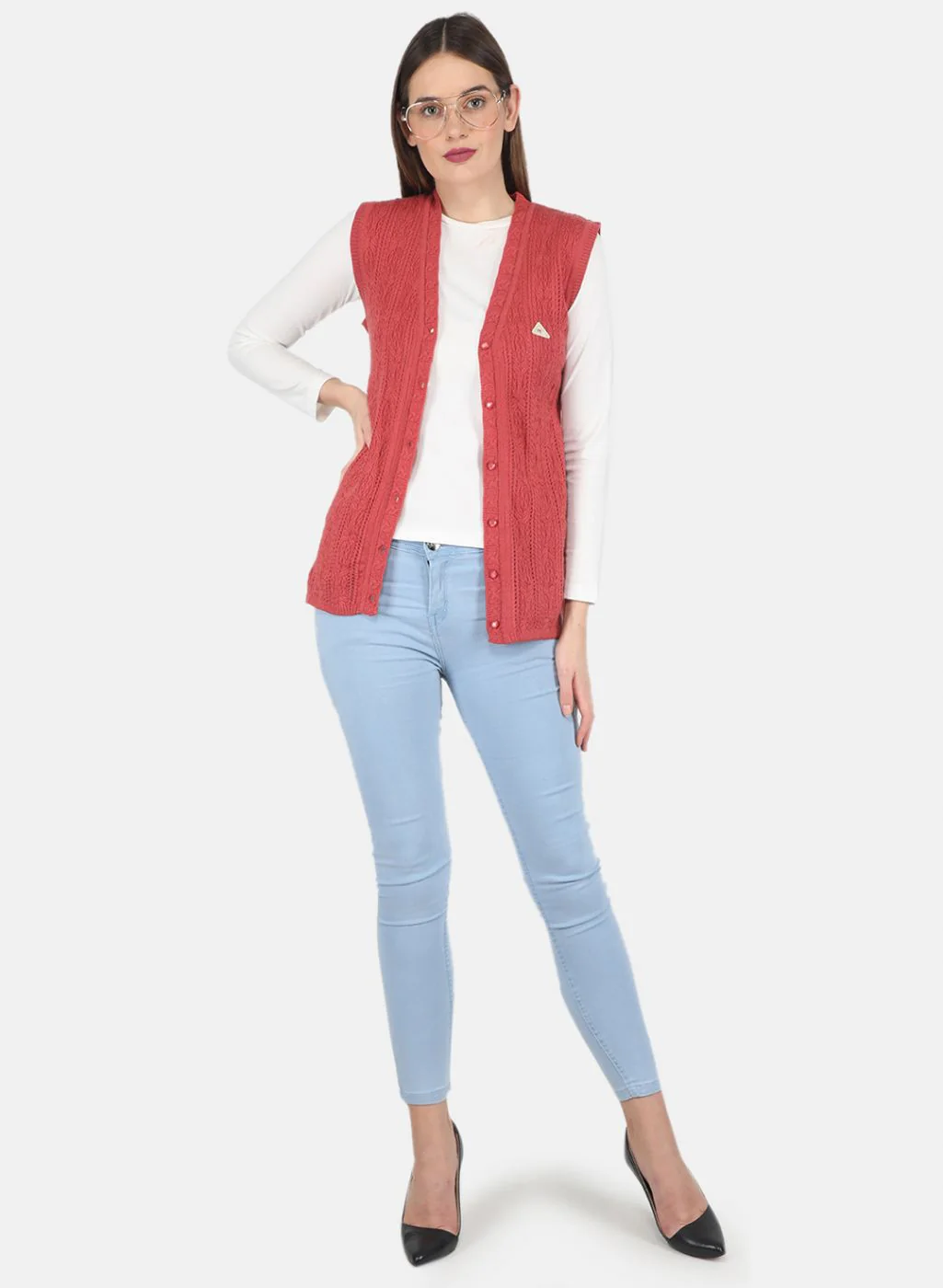 Women Red Self design Cardigan - Image 4