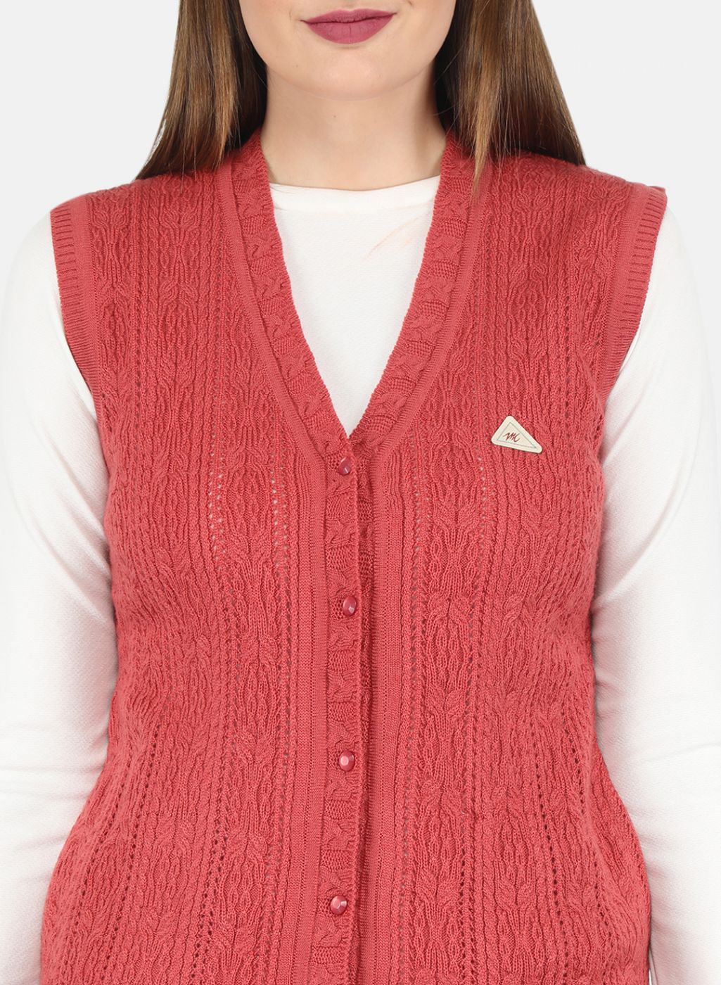 Women Red Self design Cardigan - Image 5
