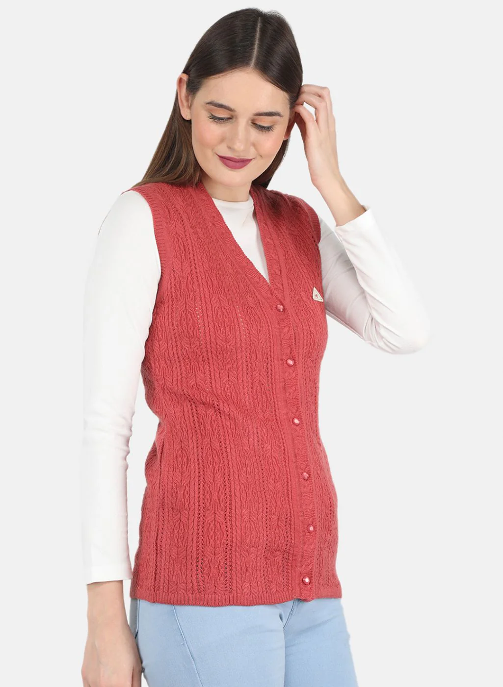 Women Red Self design Cardigan - Image 6