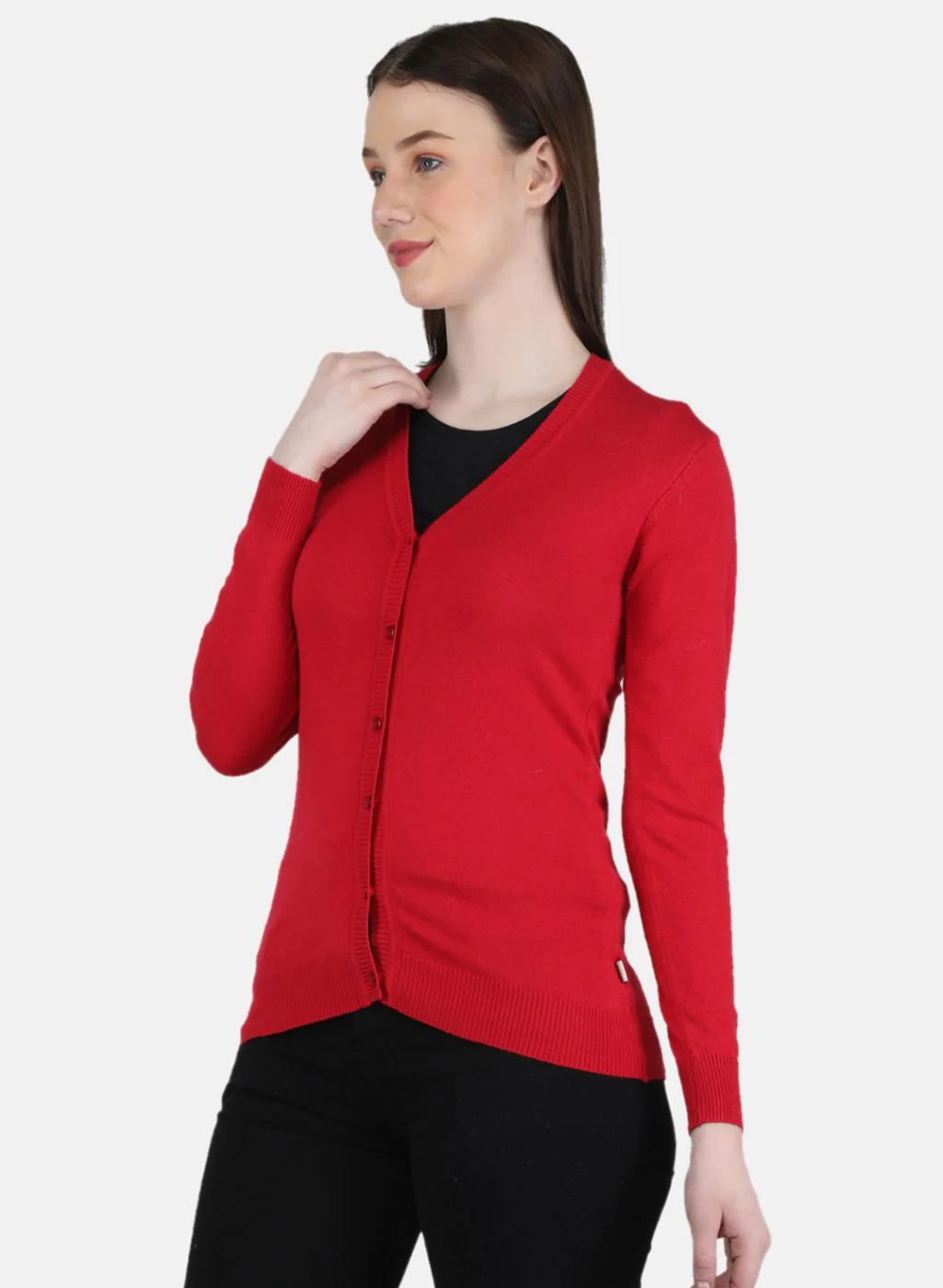 Women Red Self Design Cardigan - Image 2