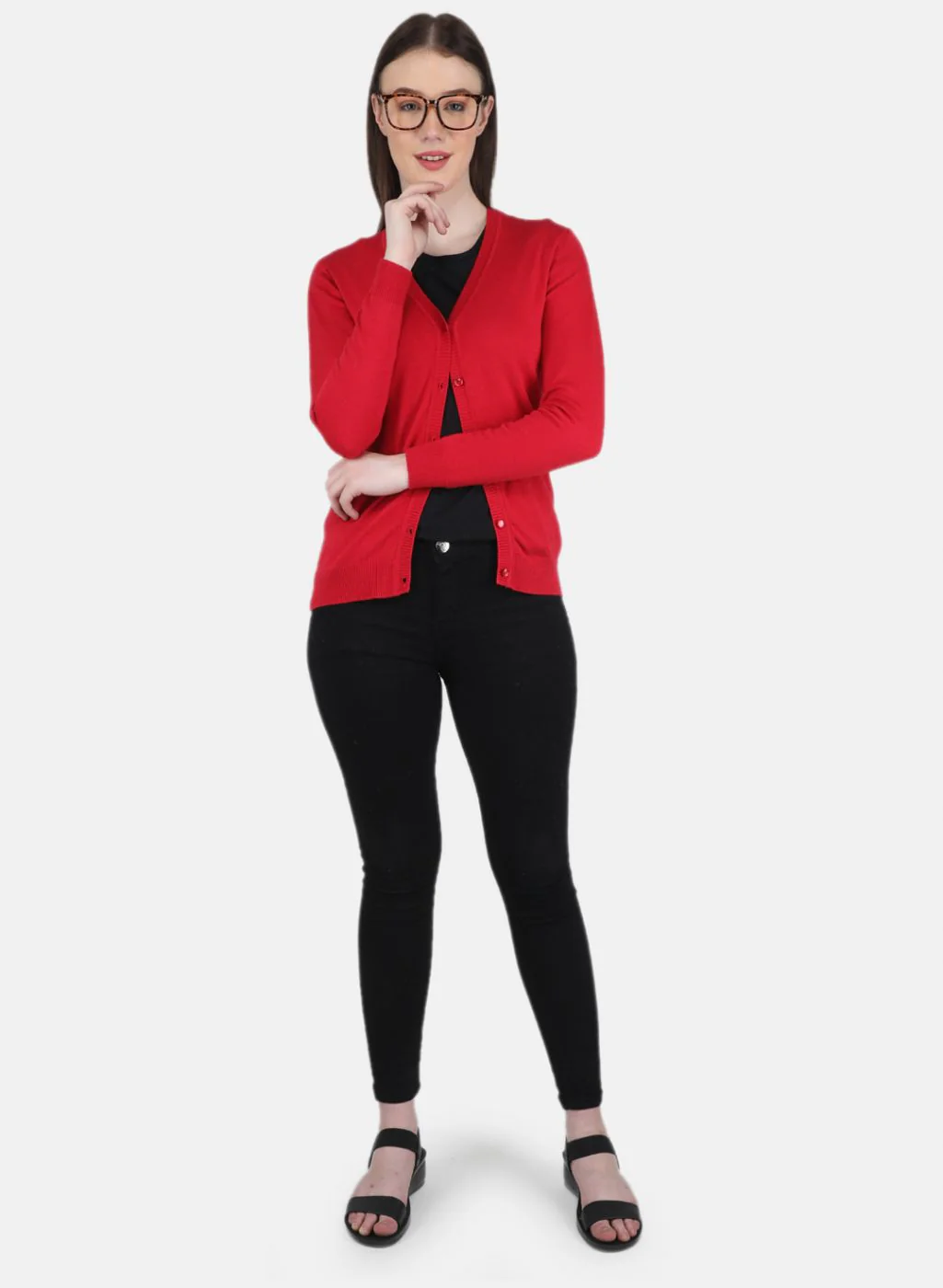 Women Red Self Design Cardigan - Image 4
