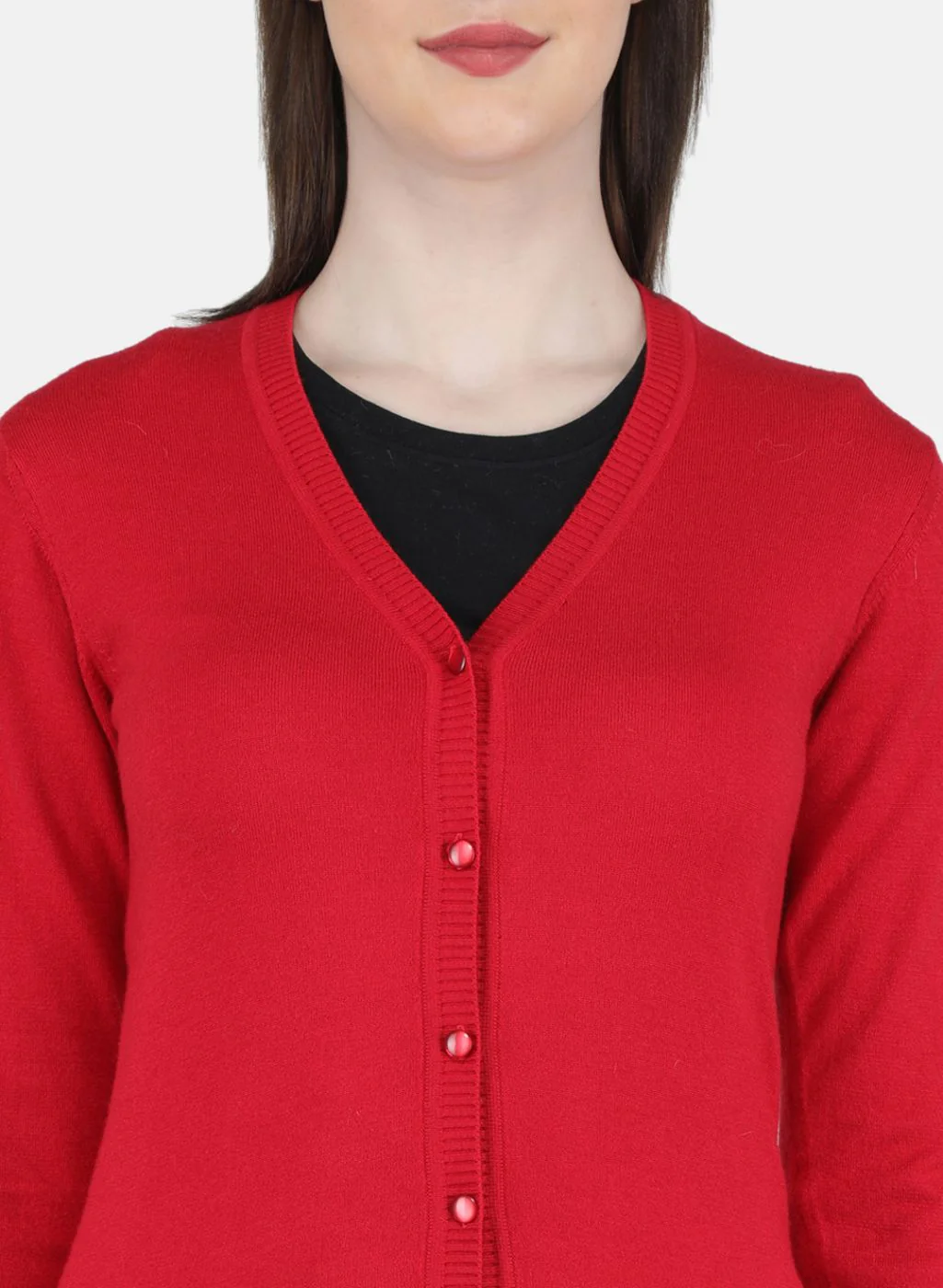 Women Red Self Design Cardigan - Image 5
