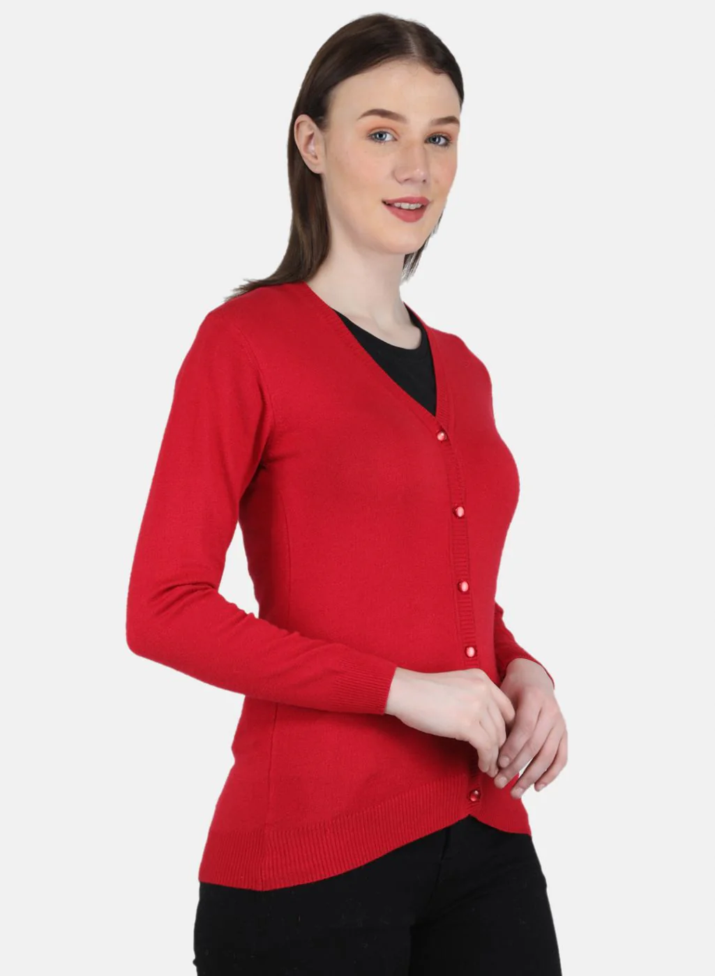 Women Red Self Design Cardigan - Image 6
