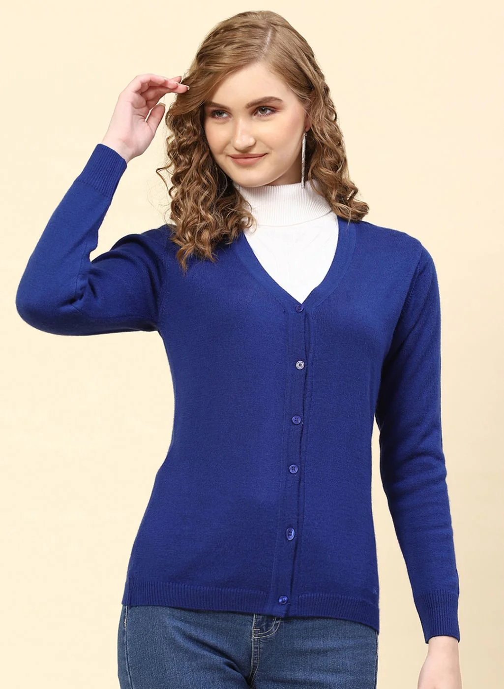 Women Royal Blue Solid Modal Nylone Cardigan - Image 2