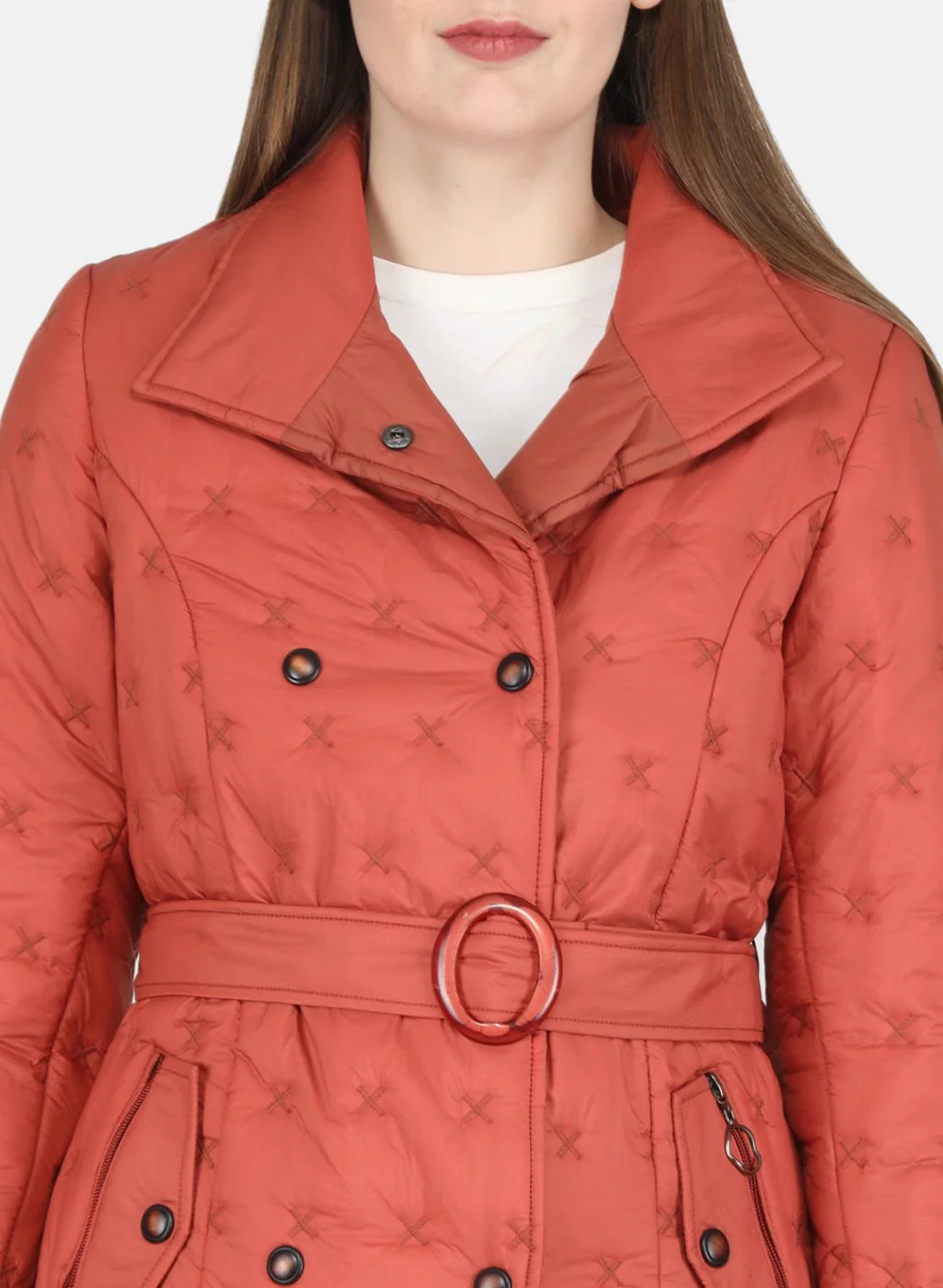 Women Rust Orange Solid Long Jacket - Image 5