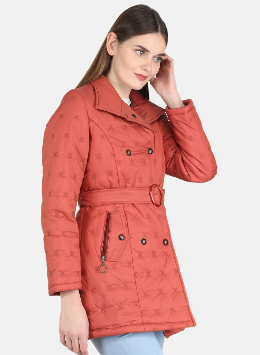 Women Rust Orange Solid Long Jacket - Image 6