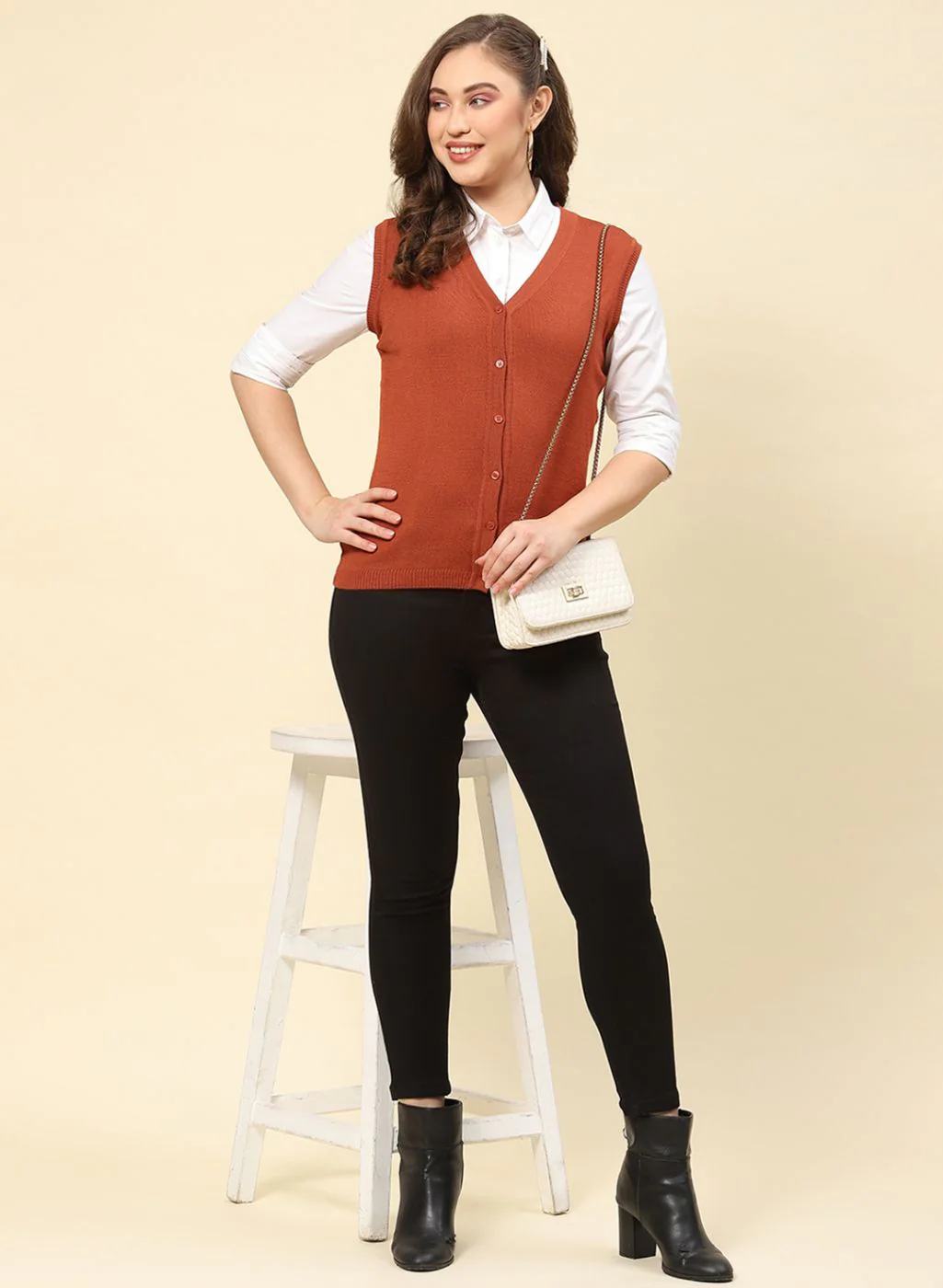Women Rust Orange Solid Modal Nylone Cardigan