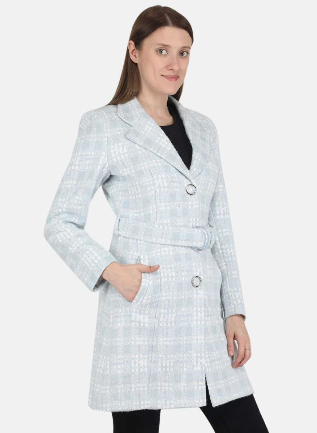 Women Sky Blue Jaquard Coat - Image 6