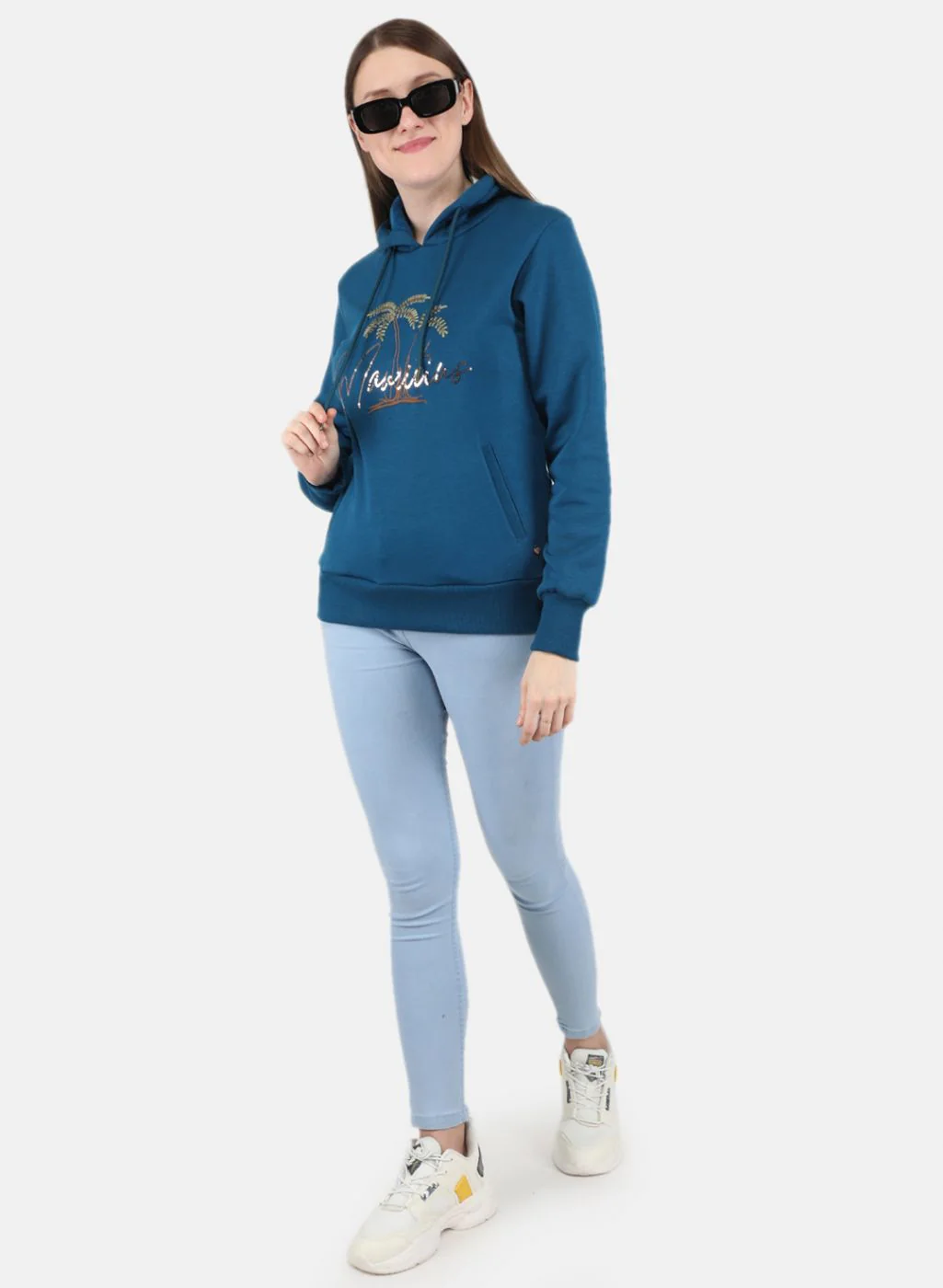 Women Teal Blue Embroidered Sweatshirt - Image 4