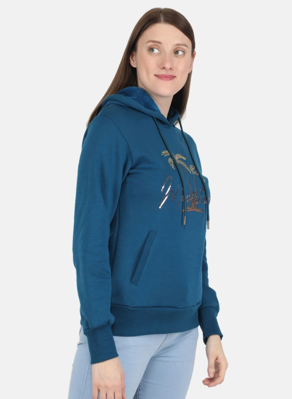 Women Teal Blue Embroidered Sweatshirt - Image 6