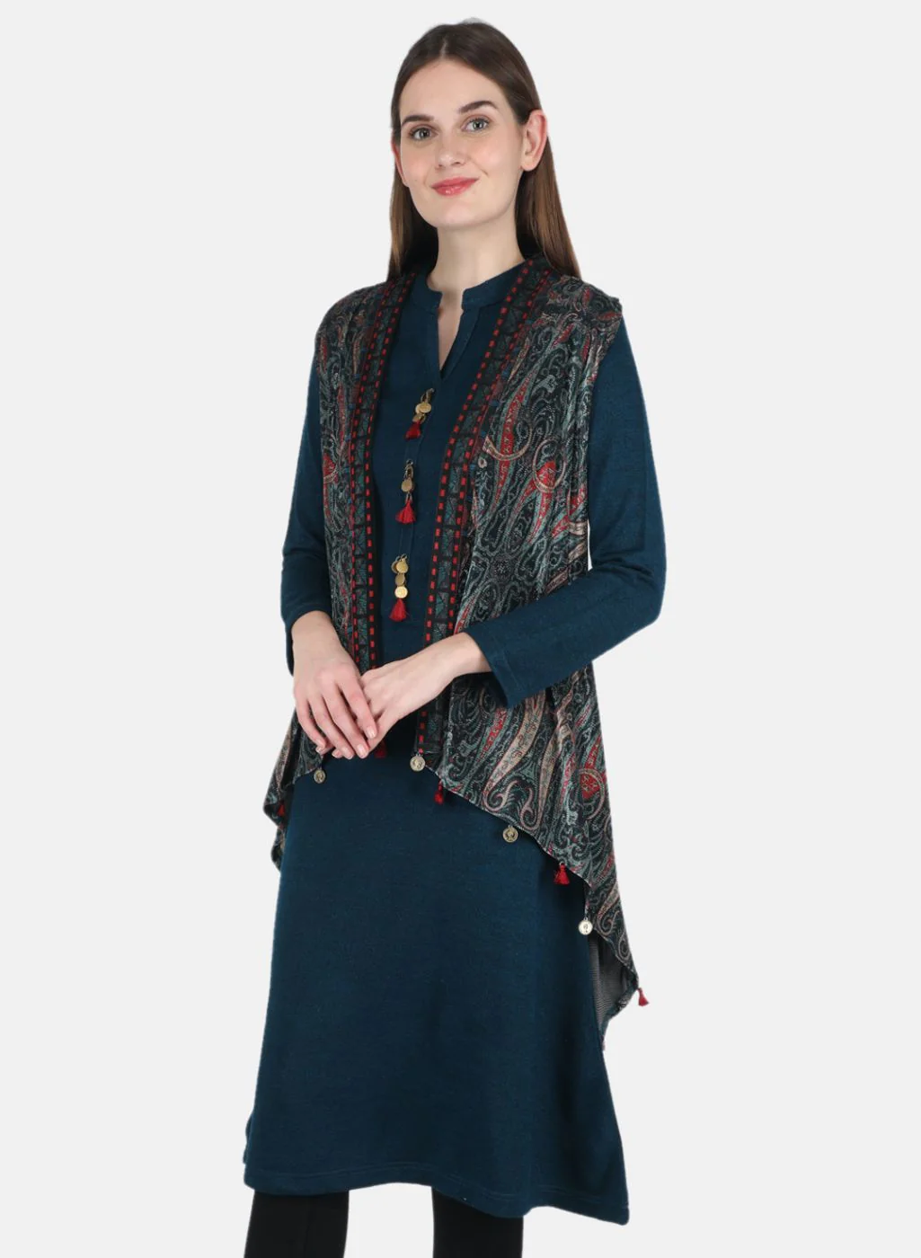 Women Teal Blue Kurti+Shrug Set for Winter - Image 2