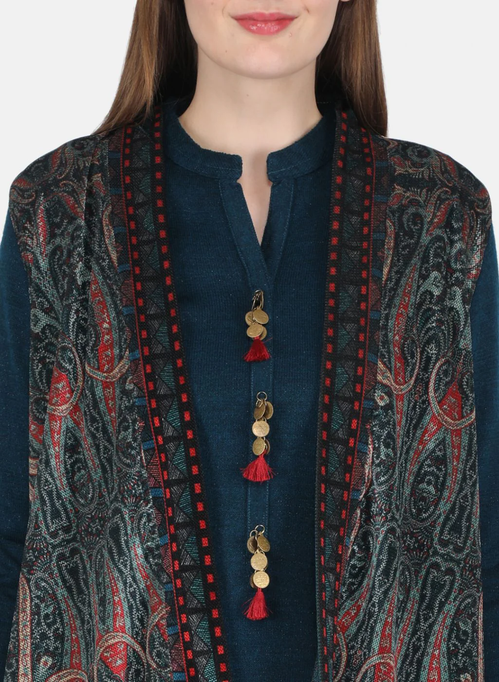 Women Teal Blue Kurti+Shrug Set for Winter - Image 6