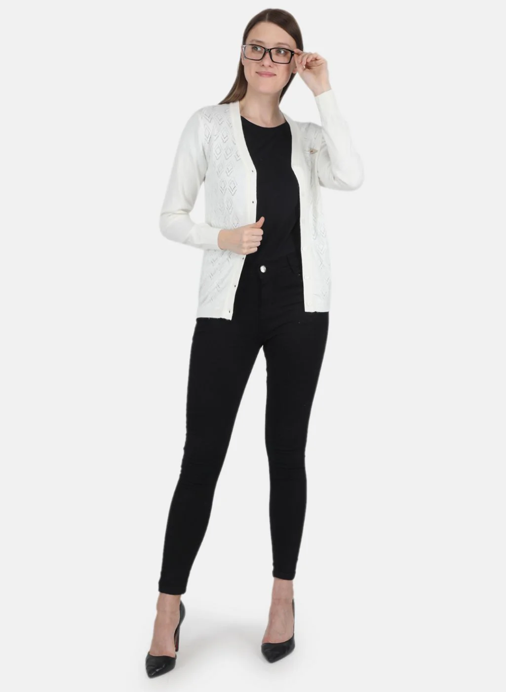 Women White Self design Cardigan - Image 4