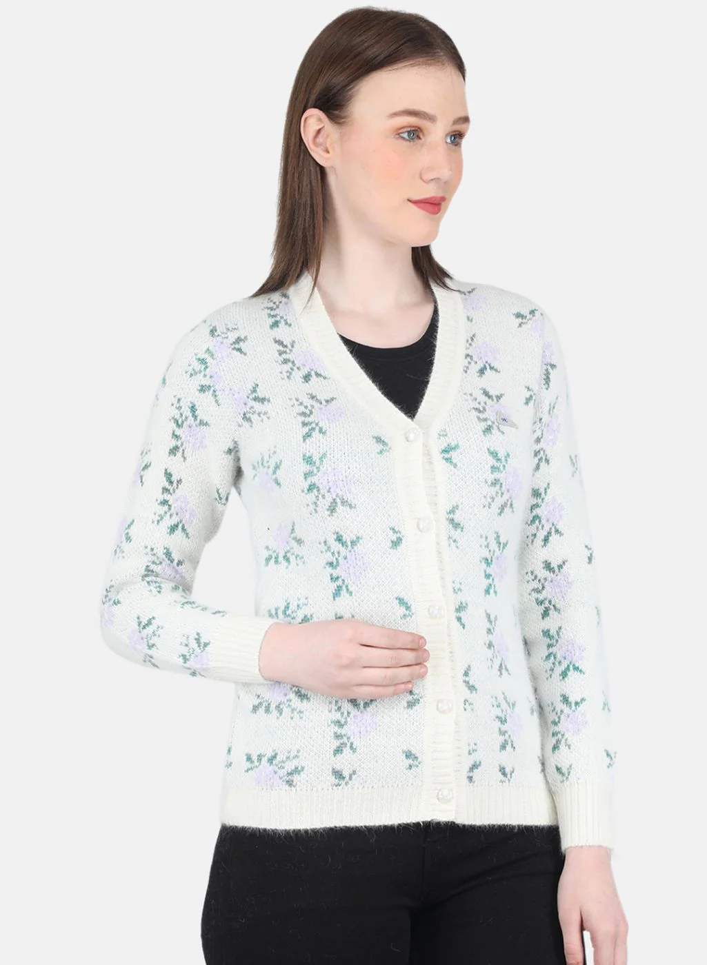 Women White Self Design Cardigan - Image 6