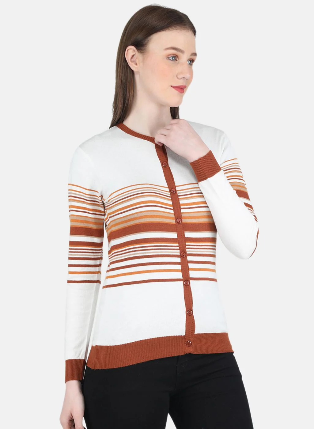 Women White Stripe Cardigan - Image 6