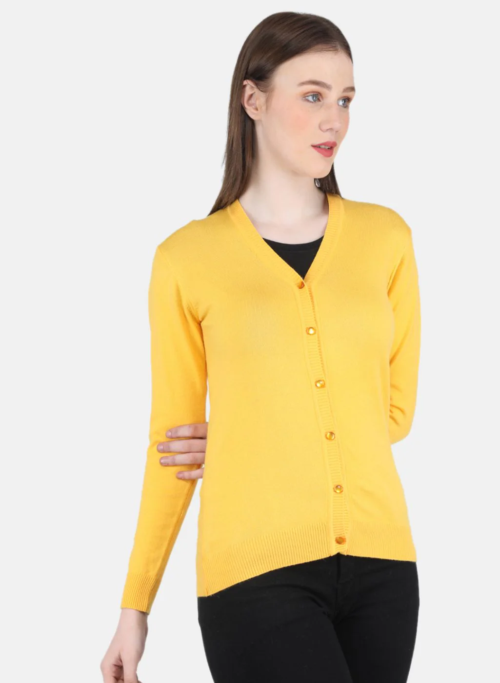 Women Yellow Self Design Cardigan - Image 6