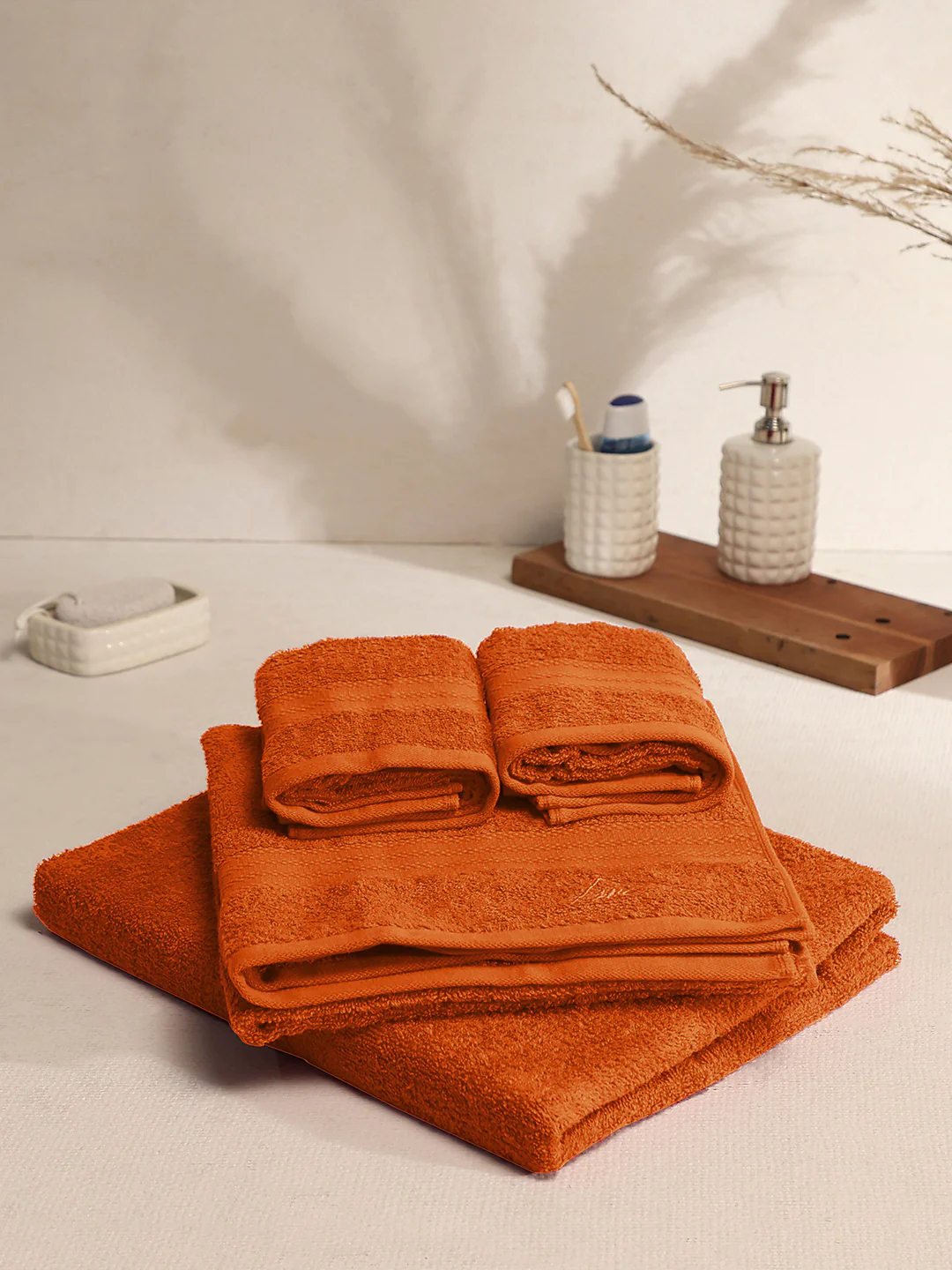 Orange Cotton Solid 380 GSM 2 Bath Towel & 2 Hand Towel
