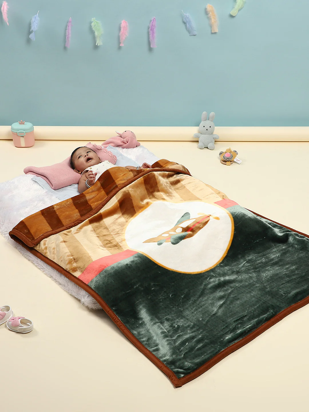 Cartoon Plane Plush Green and Brown Baby Blanket