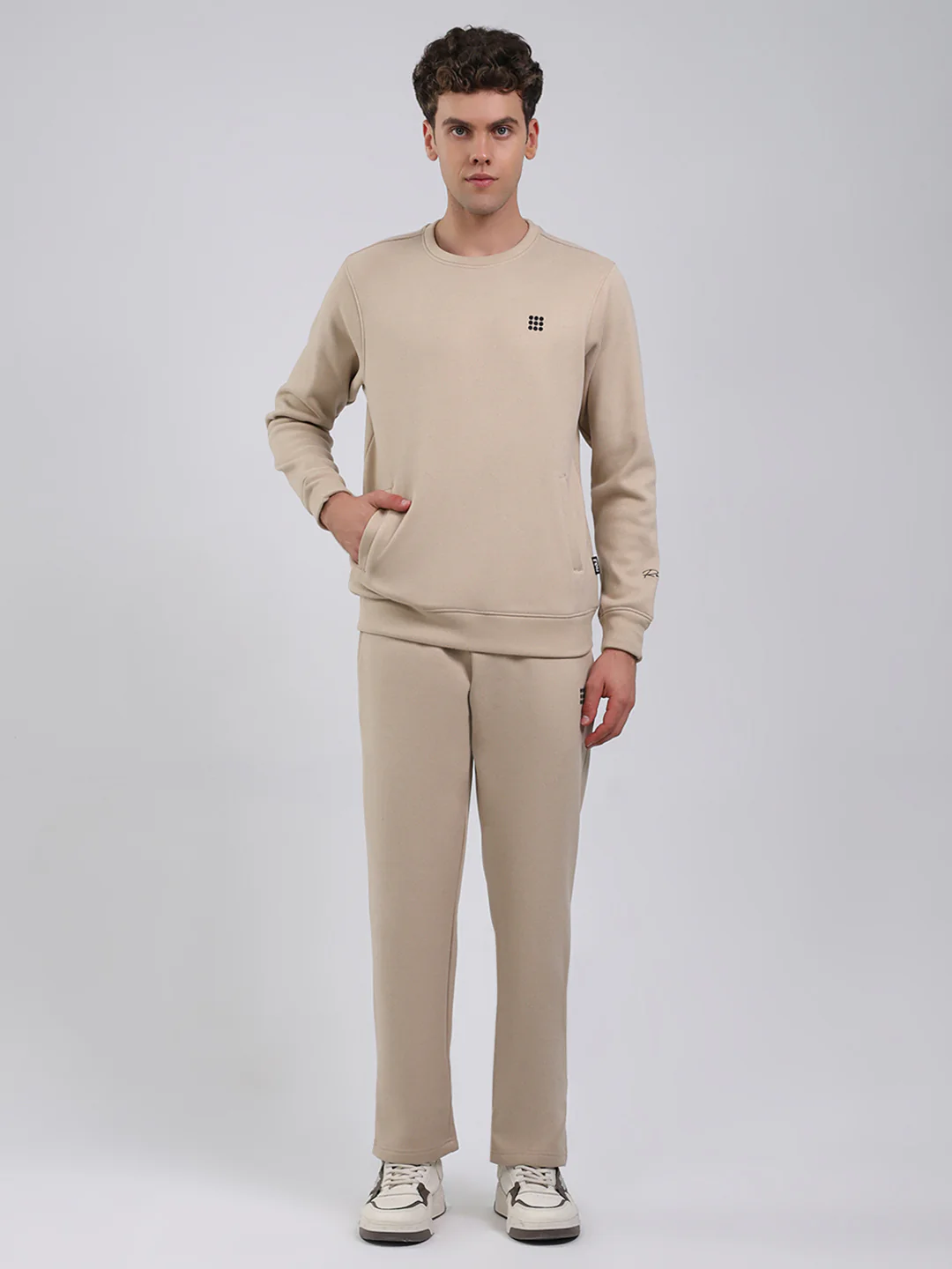Rock.it Men Beige Solid Round Neck Full Sleeve Winter Tracksuit