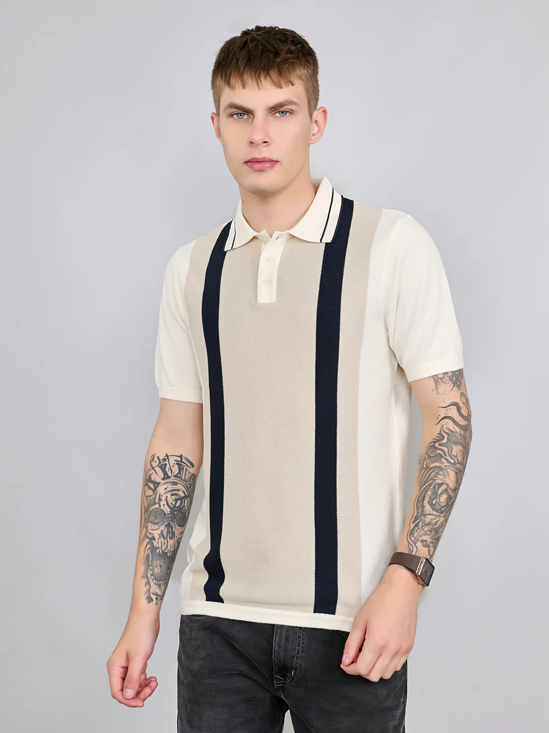 Rock.it Men Cream Stripe Collar Half Sleeve T-Shirt