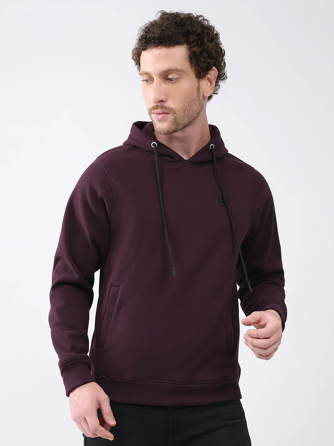 Rock.it Men Maroon Solid Hooded Full Sleeve Sweatshirt