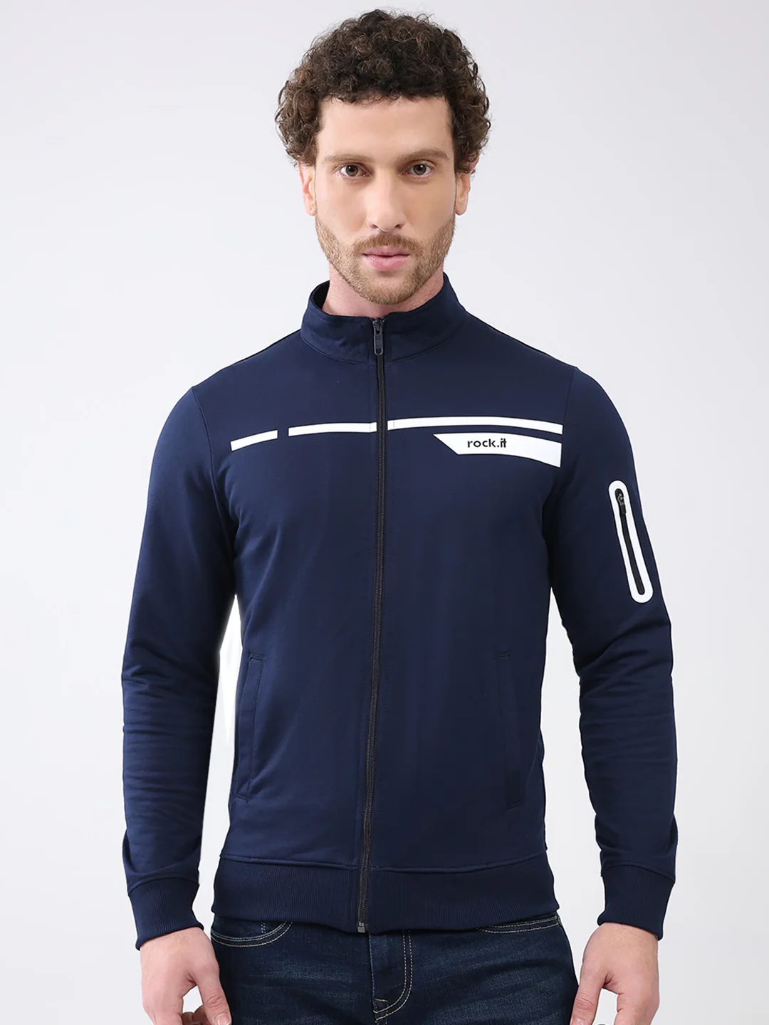 Rock.it Men Navy Blue Printed Mock Neck Full Sleeve Sweatshirt