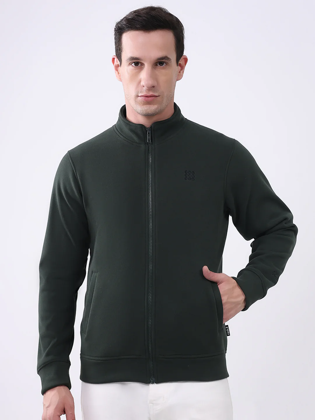 Rock.it Men Olive Solid Mock Neck Full Sleeve Sweatshirt