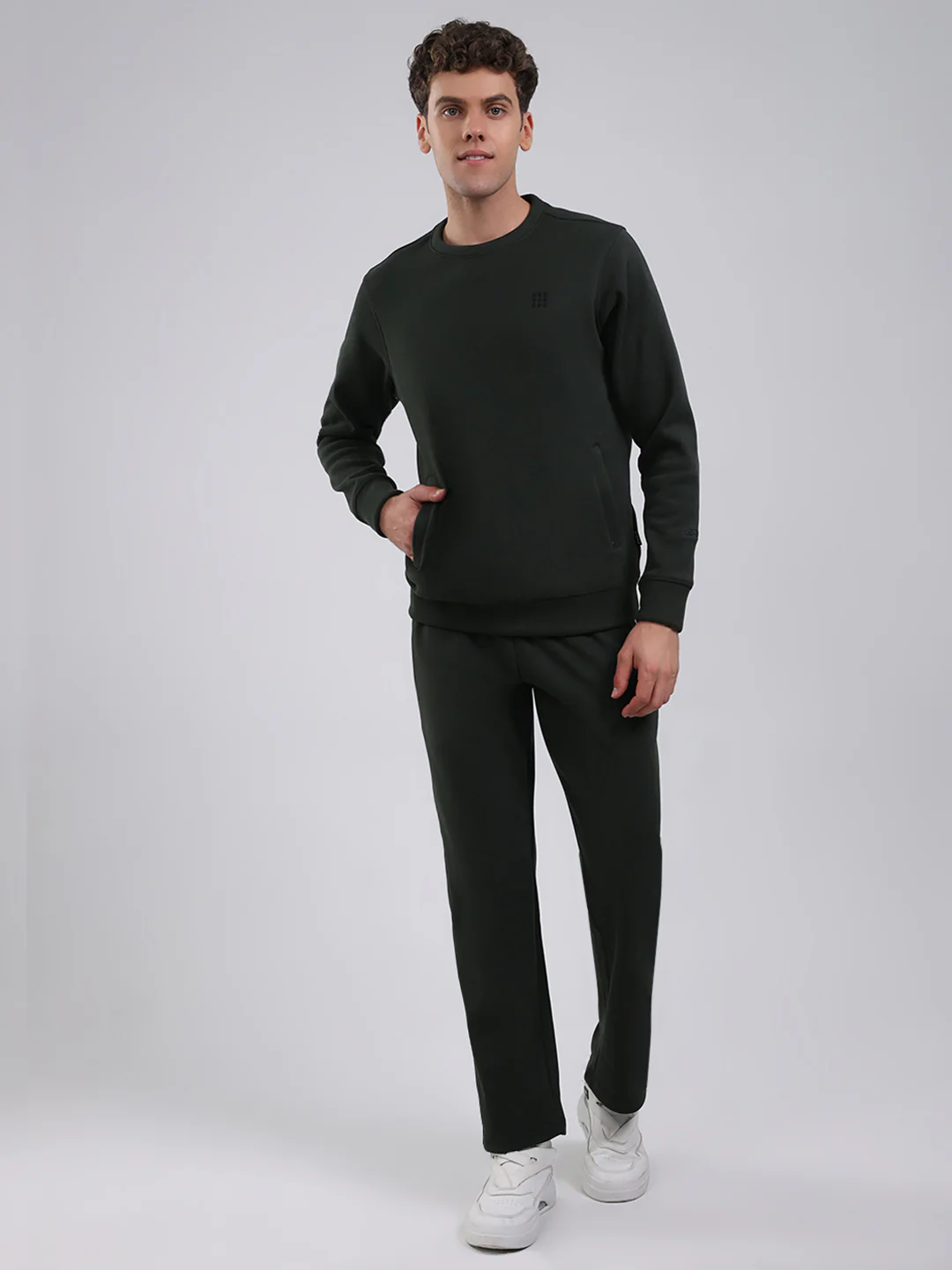 Rock.it Men Olive Solid Round Neck Full Sleeve Winter Tracksuit