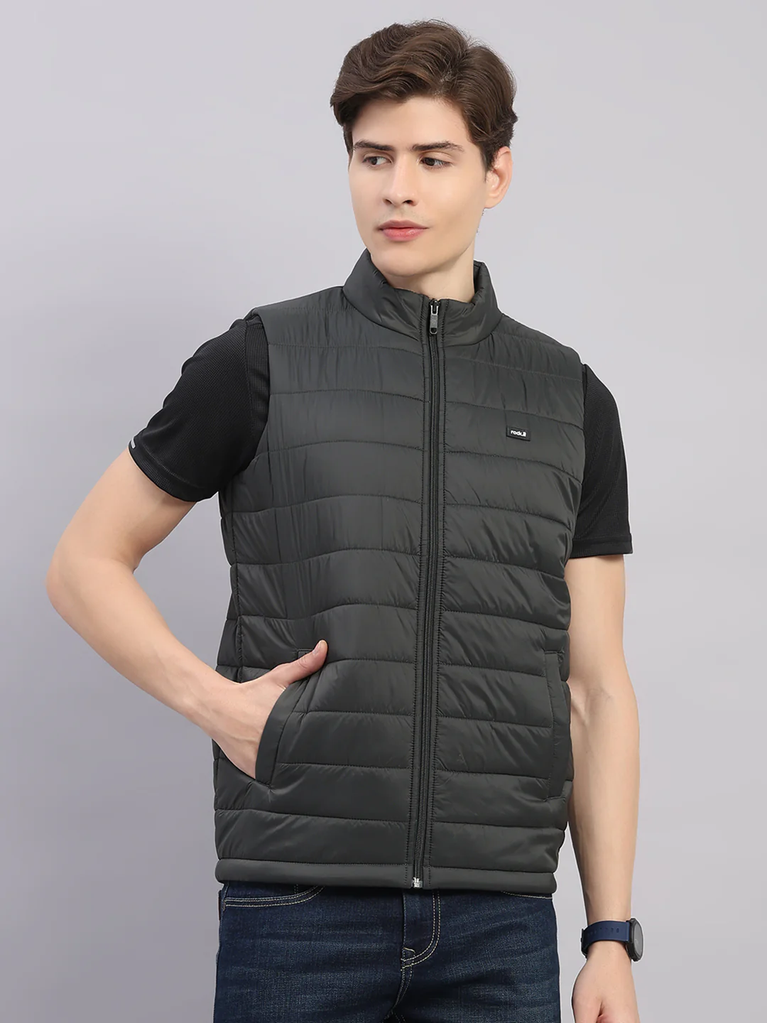 Rock.it Men Olive Solid Stand Collar Sleeveless Jacket