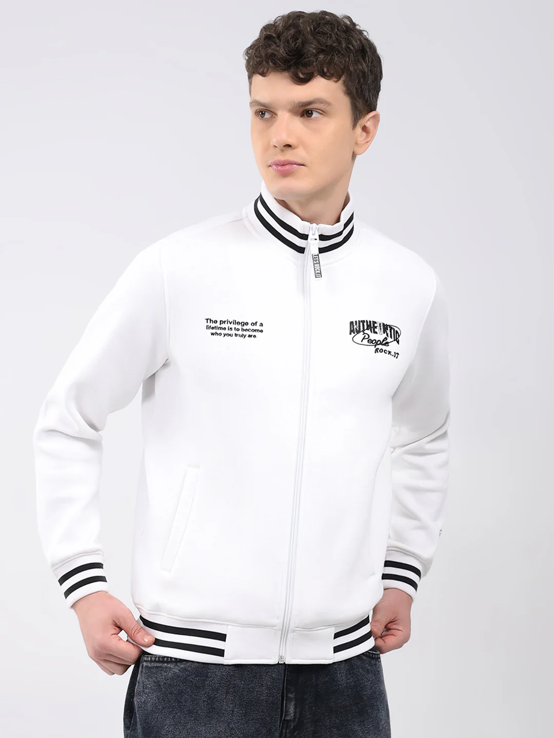 Rock.it Men White Embroidered T Neck Full Sleeve Sweatshirt