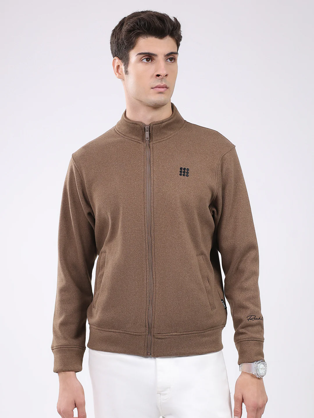 Rock.it Men Brown Solid Mock Neck Full Sleeve Sweatshirt