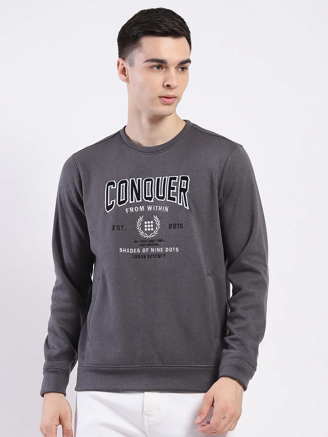 Rock.it Men Charcoal Printed Round Neck Full Sleeve Sweatshirt