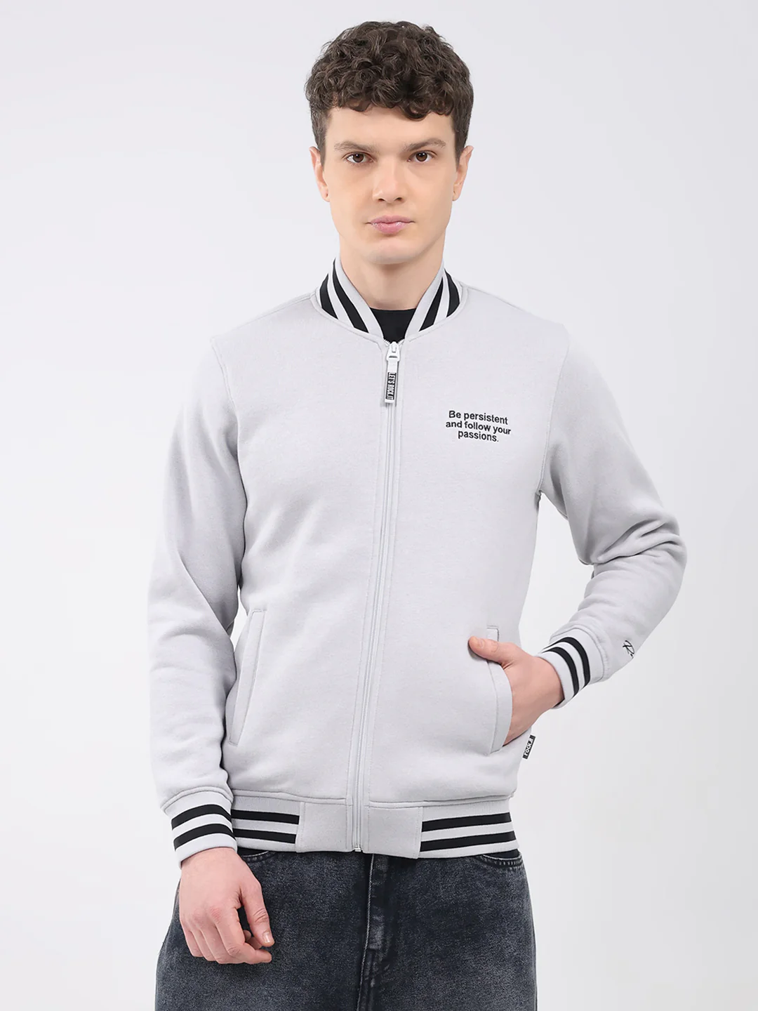 Rock.it Men Grey Solid Band Neck Full Sleeve Sweatshirt
