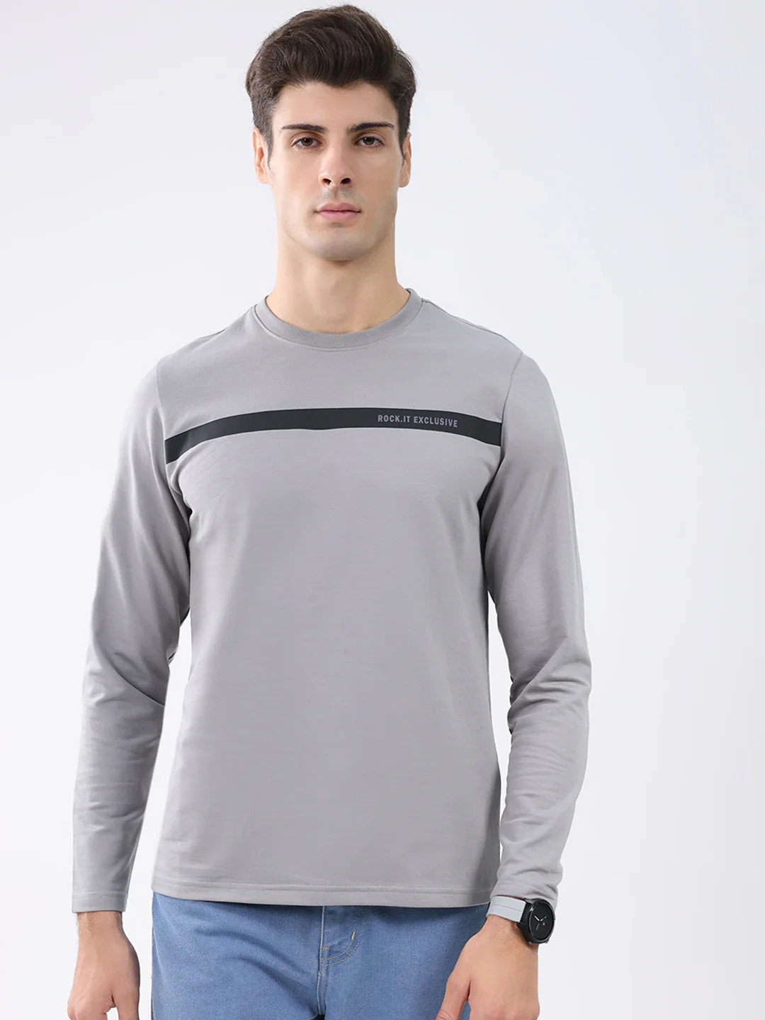 Rock.it Men Grey Solid Round Neck Full Sleeve Winter T-Shirt
