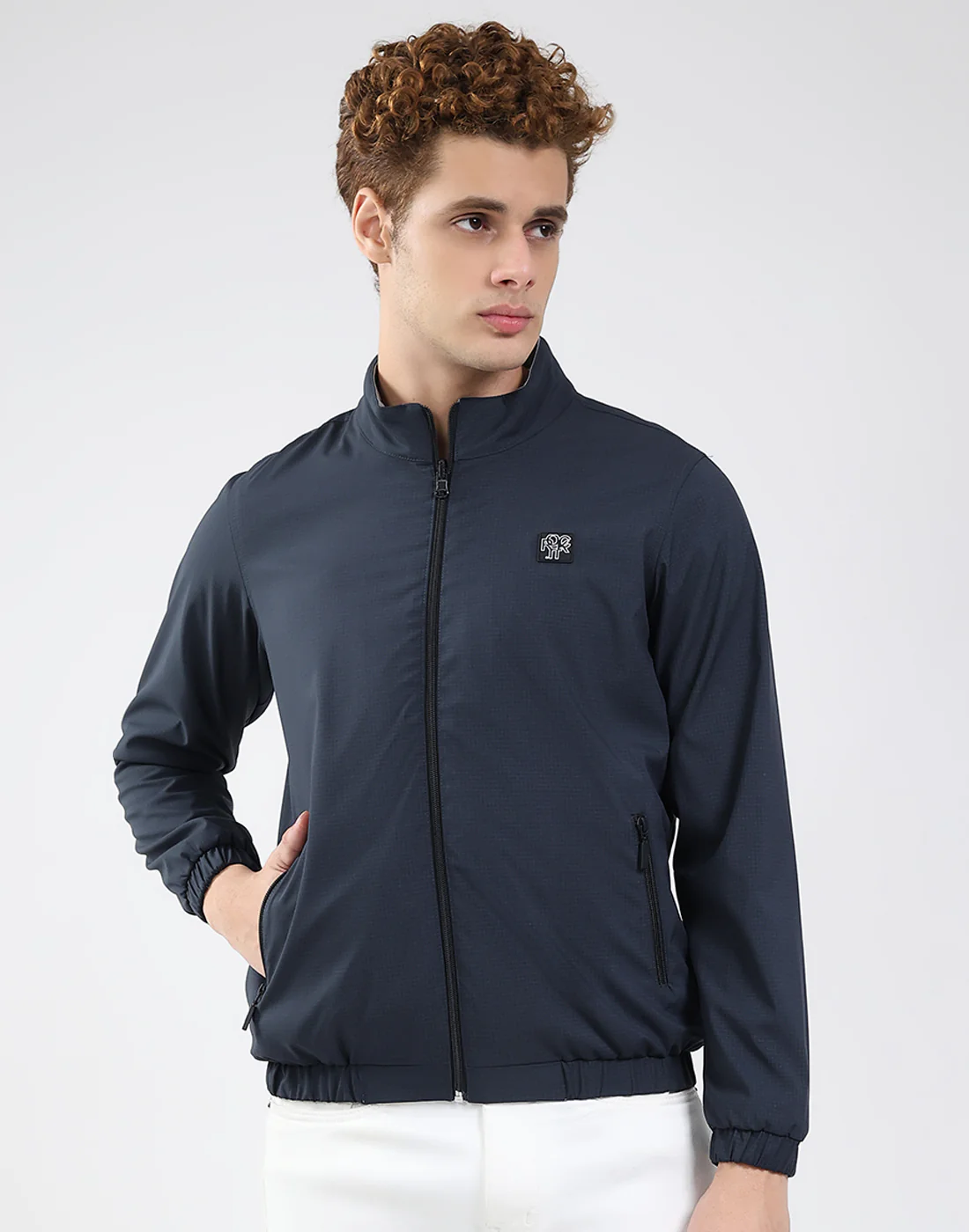 Rock.it Men Navy Blue Solid Mock Neck Full Sleeve Jacket