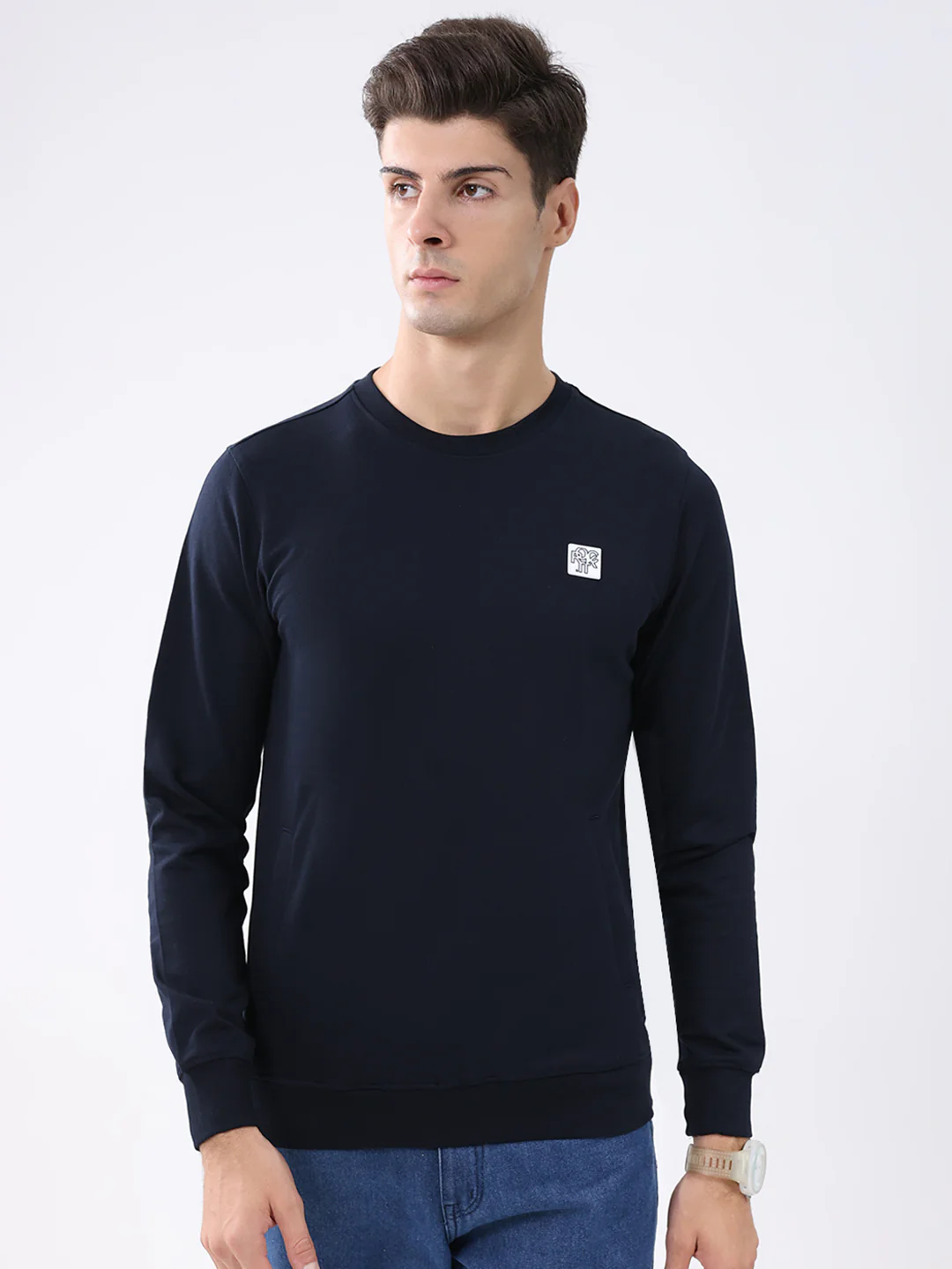Rock.it Men Navy Blue Solid Round Neck Full Sleeve Sweatshirt