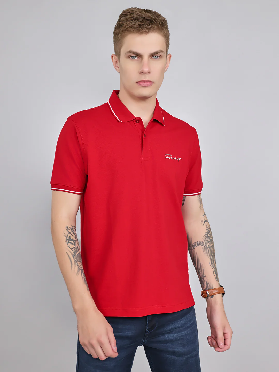 Rock.it Men Red Solid Collar Half Sleeve T-Shirt