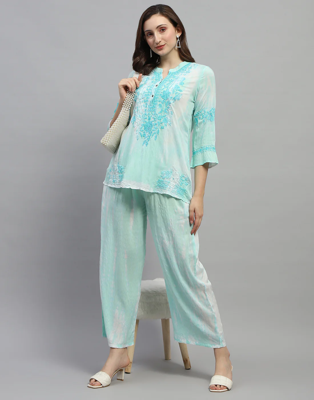 Women Aqua Blue Embroidered V Neck 3/4 Sleeve Cords Set
