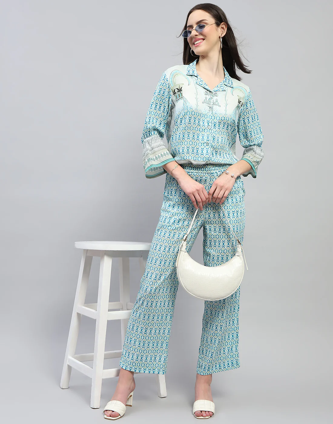 Women Aqua Blue Printed Collar Neck 3/4 Sleeve Lower Set