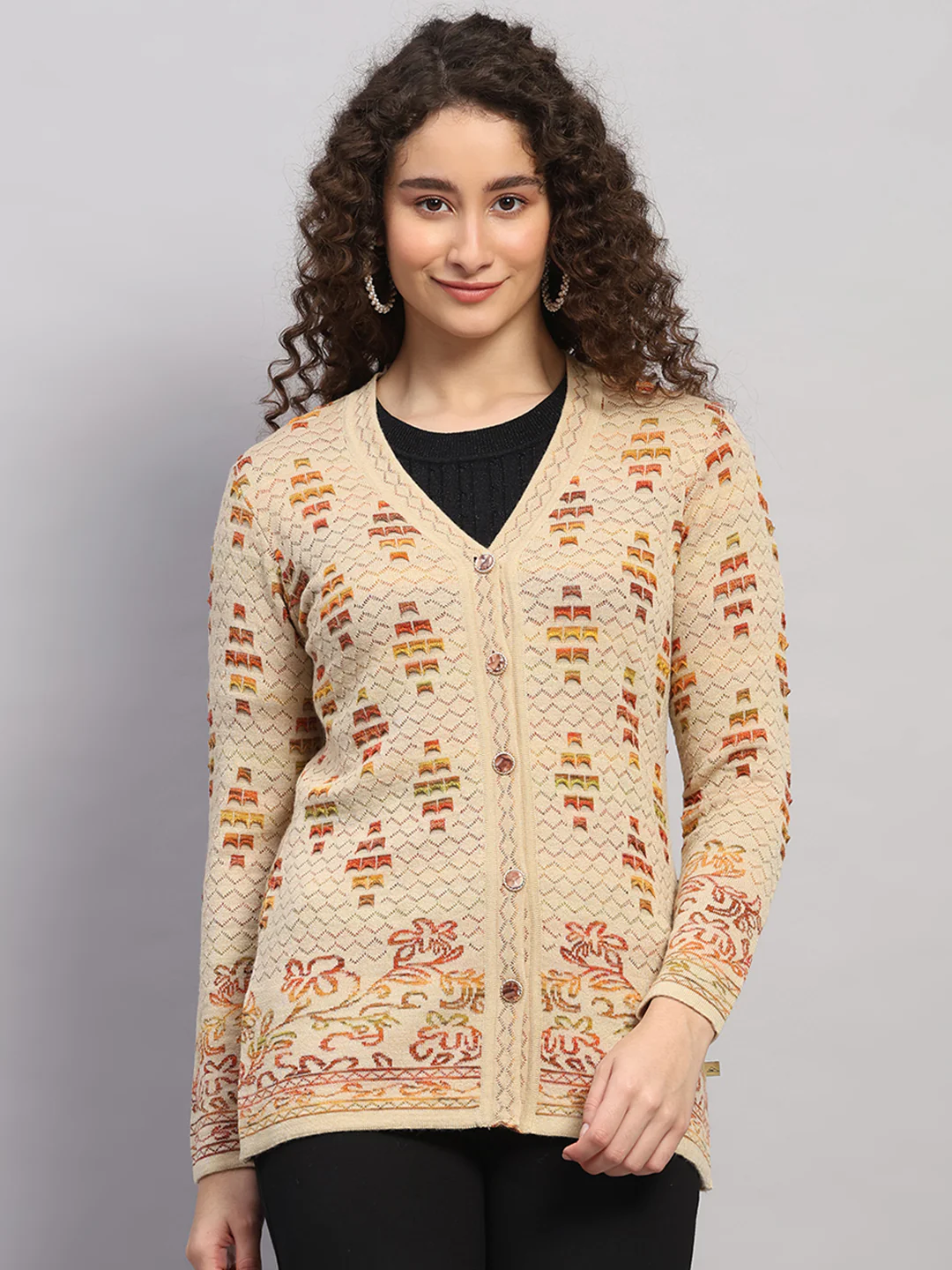Women Beige Jaquard V Neck Full Sleeve Cardigan