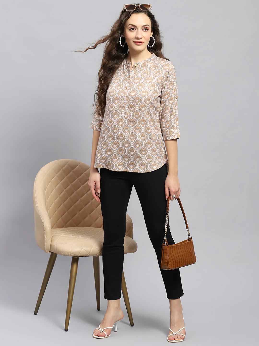 Women Beige Printed Band Collar 3/4 Sleeve Top - Image 2