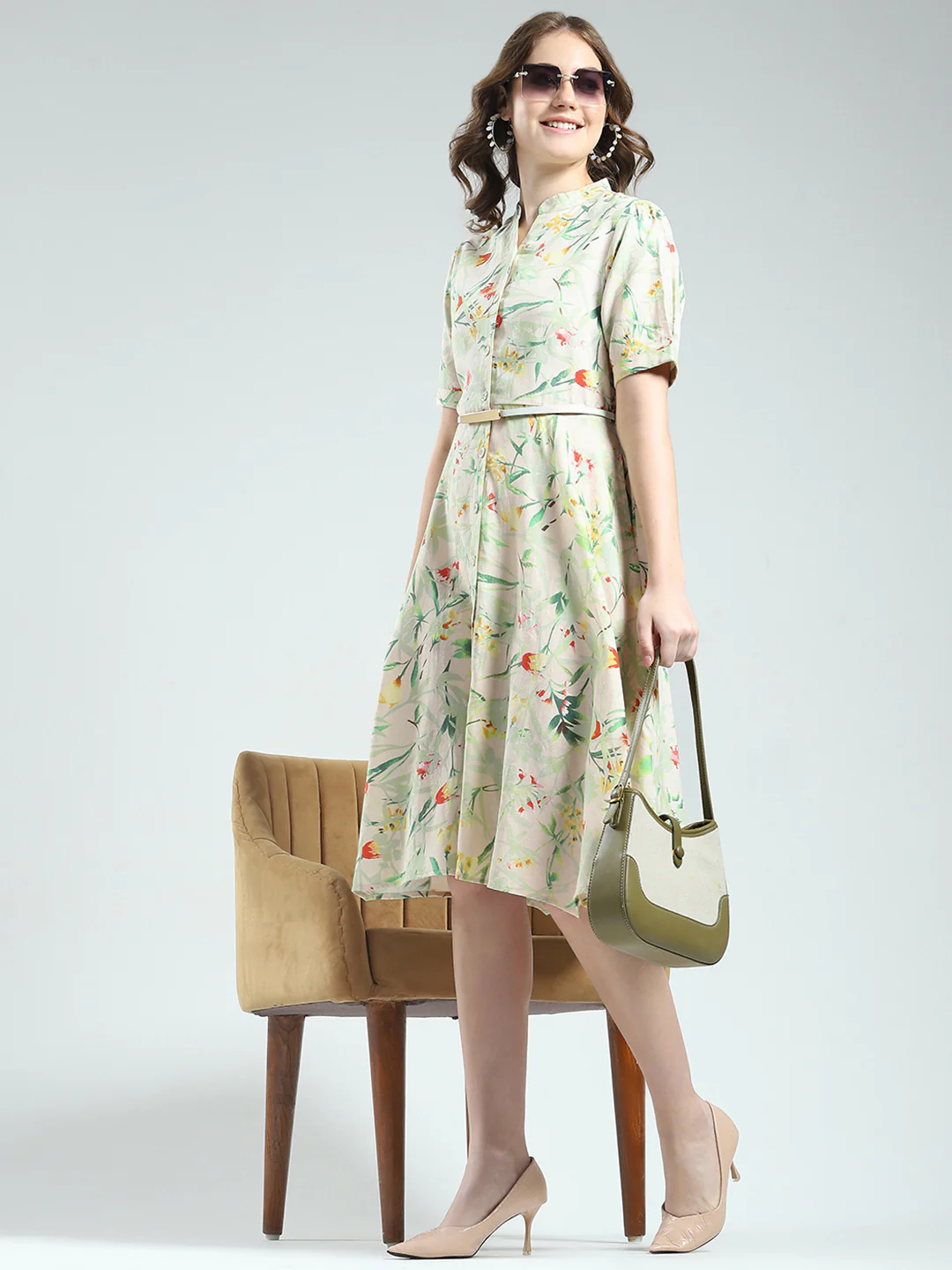 Women Beige Printed Band Neck Half Sleeve Dress - Image 2