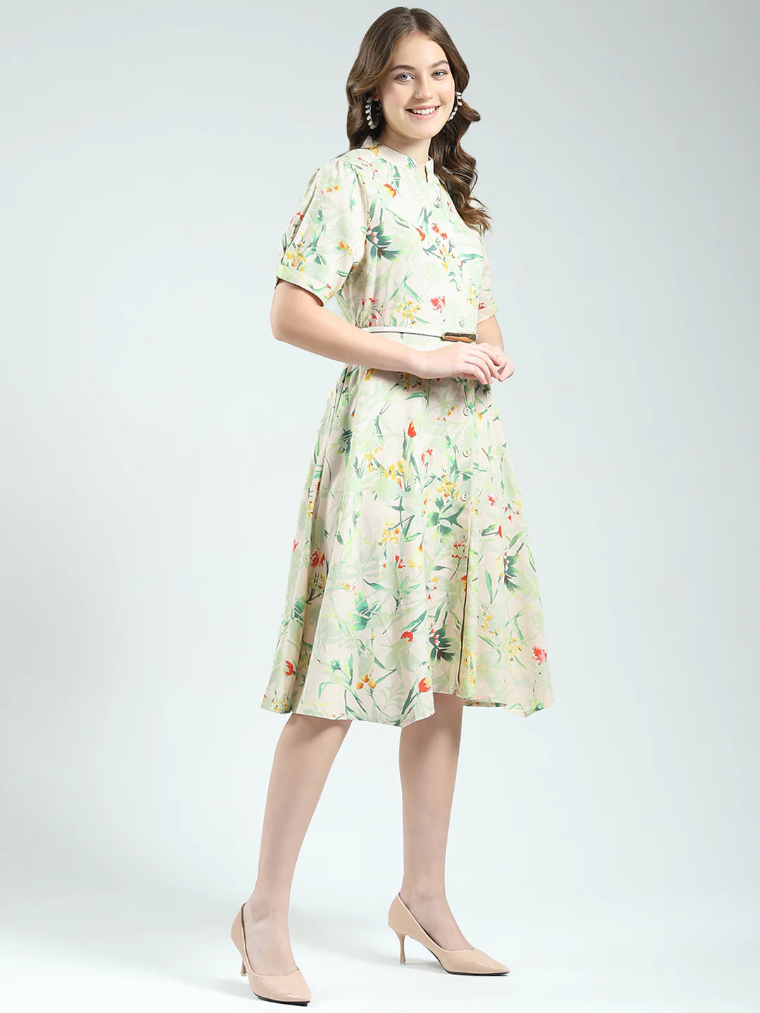 Women Beige Printed Band Neck Half Sleeve Dress - Image 4