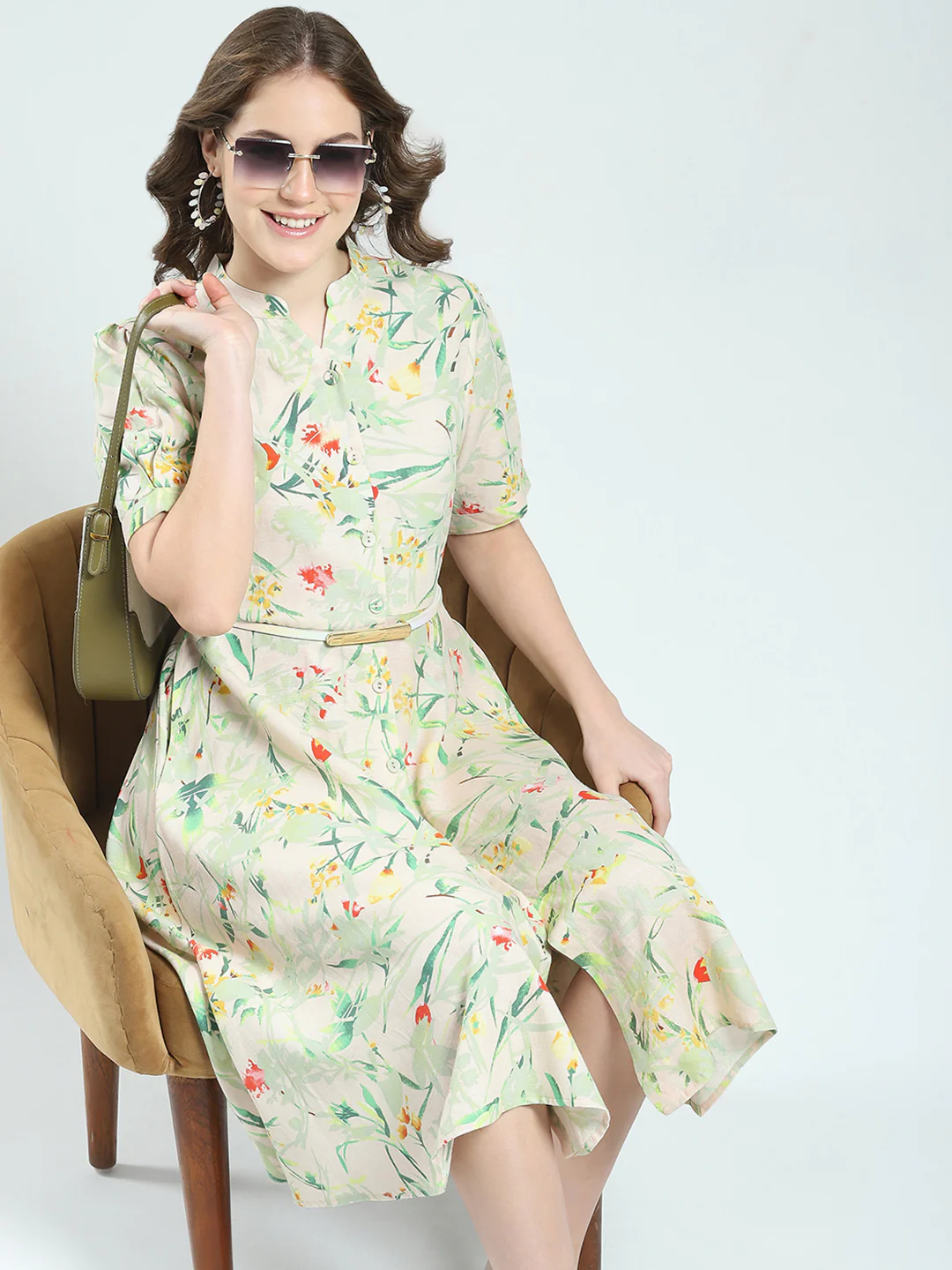 Women Beige Printed Band Neck Half Sleeve Dress - Image 6